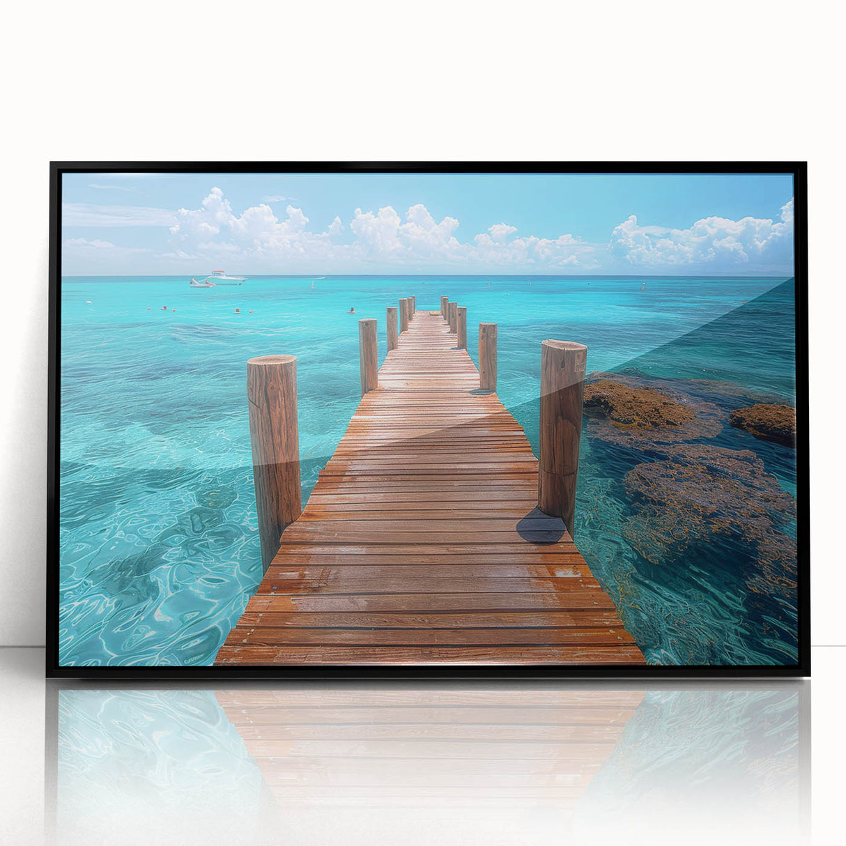 Large abstract wall art depicting Cancun scenery in muted blue and green tones, framed in black acrylic.