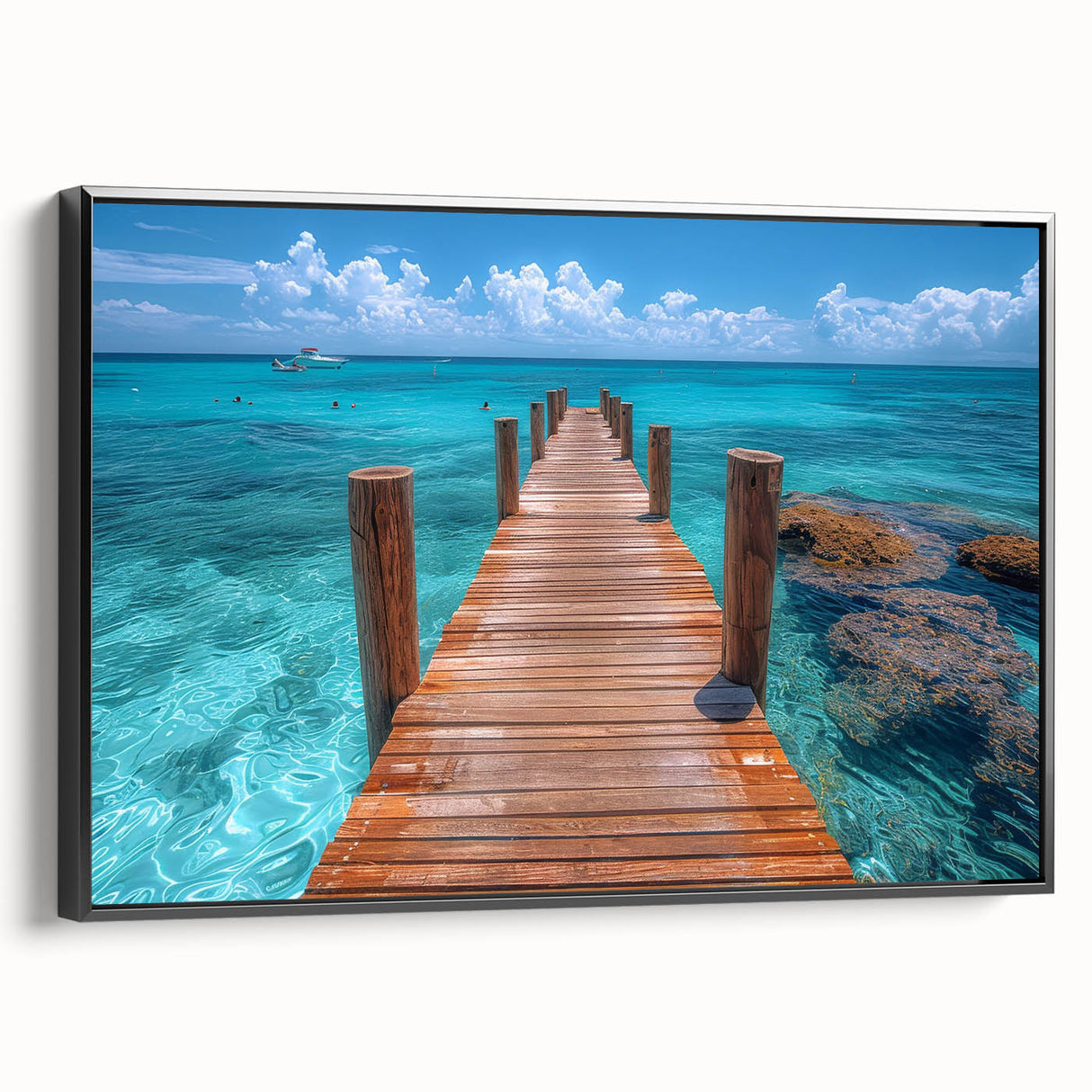Black and white framed canvas depicting a vintage Cancun landscape, ideal for bedroom wall decor.
