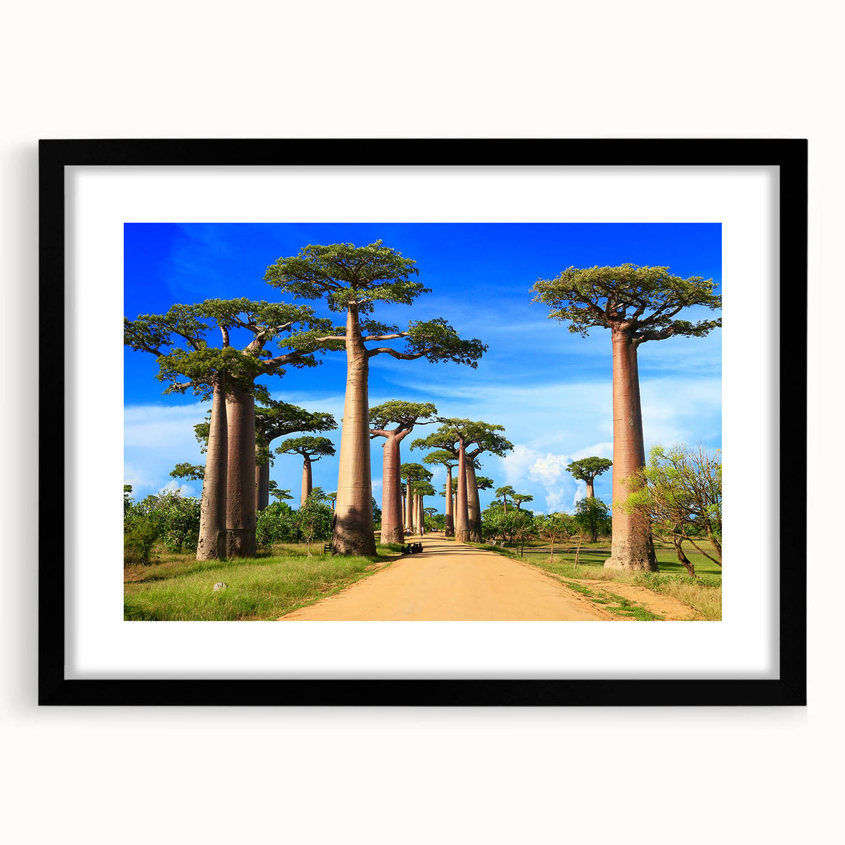 Extra large abstract art print of a colorful Madagascar landscape, textured appearance on a black framed canvas.