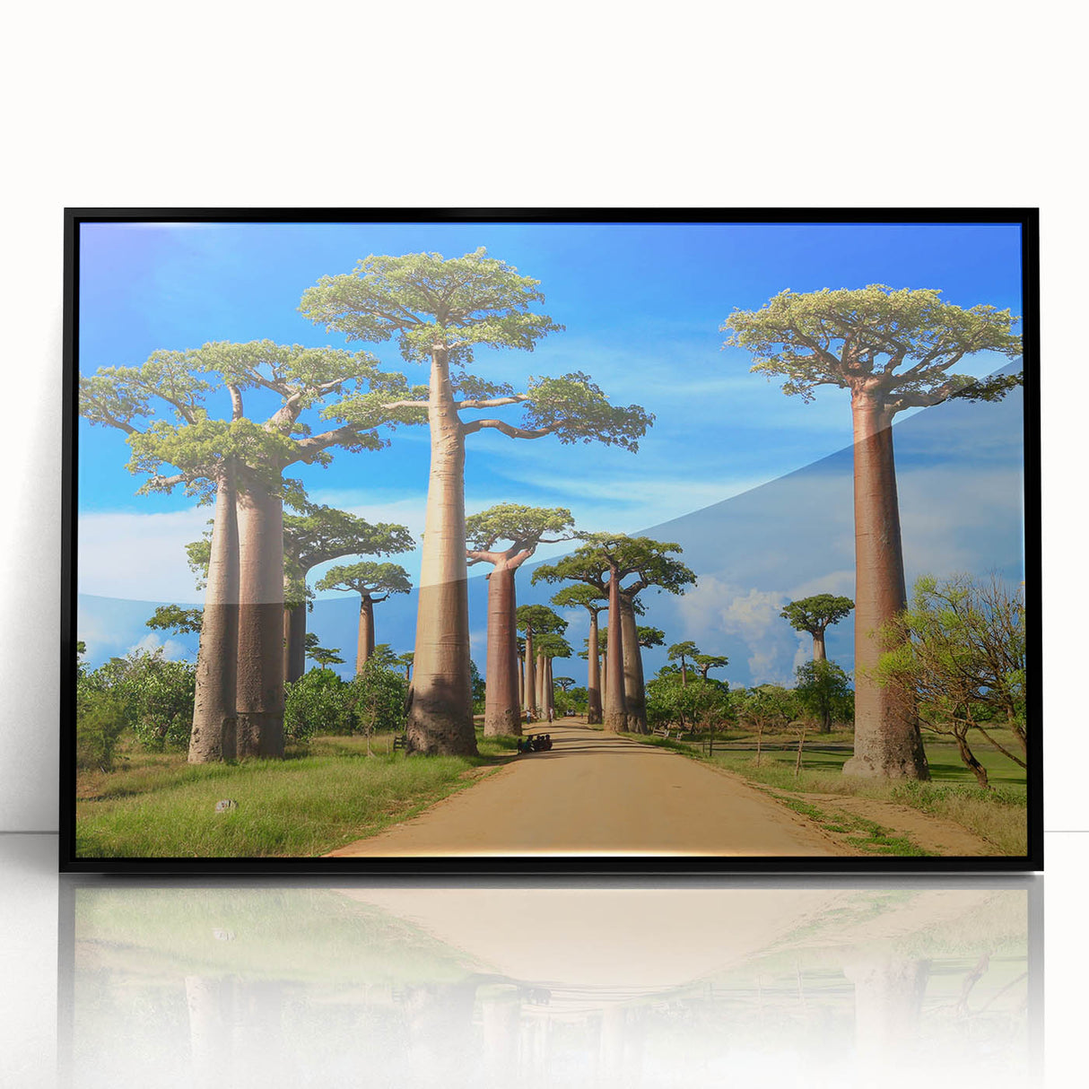 Large abstract wall art depicting a Madagascar scenery in muted earth tones on a framed acrylic panel.