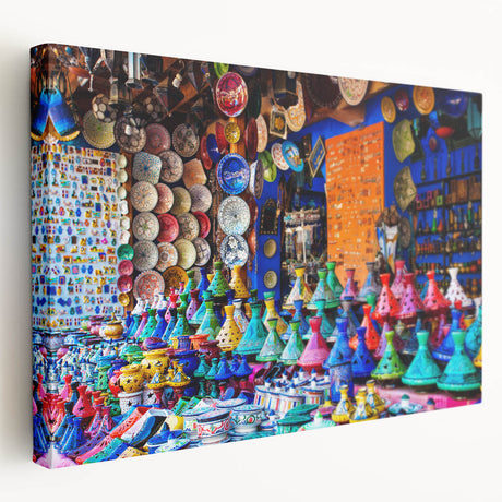 Side view of a stretched canvas featuring a Moroccan landscape in earthy tones, ideal for kitchen wall art.