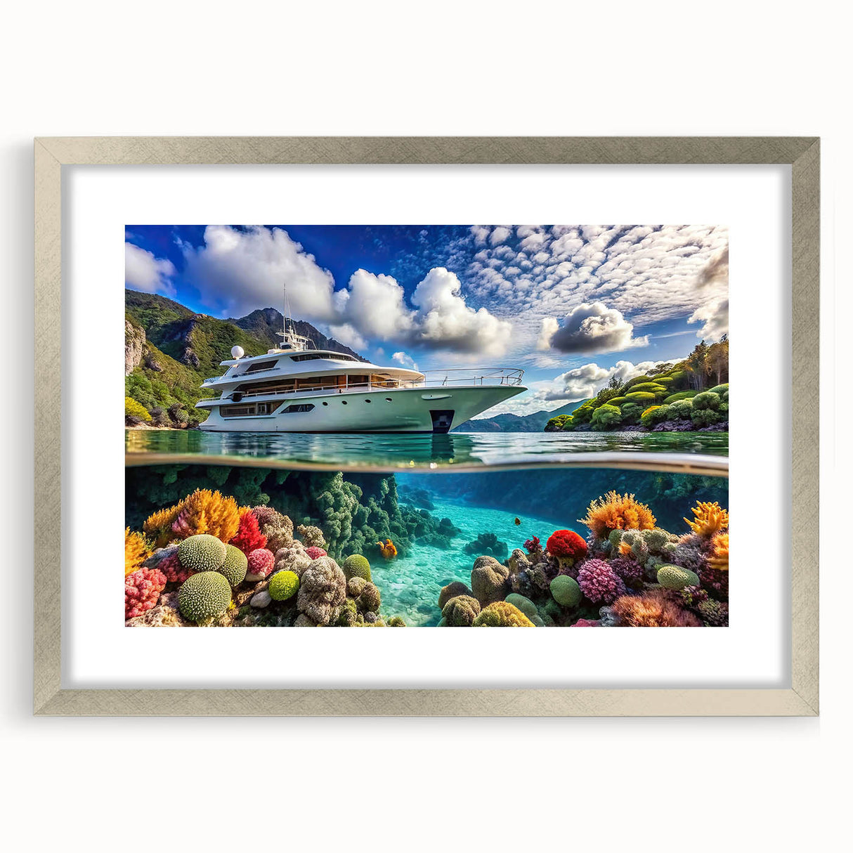 Textured abstract art print of Seychelles scenery in muted earth tones, framed in silver, ideal for bedroom art.