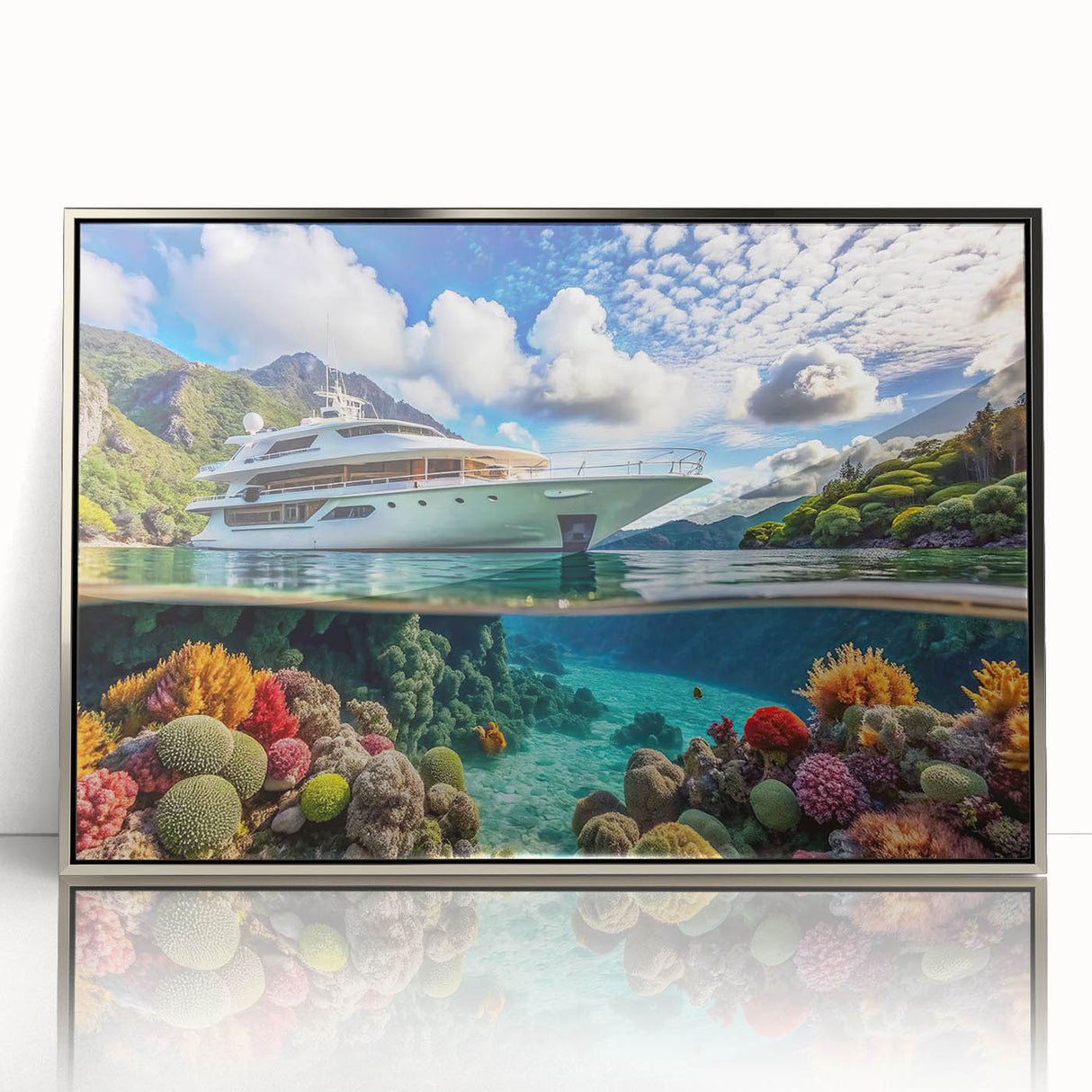 Framed acrylic print of a Seychelles scenery in muted blue and green tones, suitable for modern art wall decor.