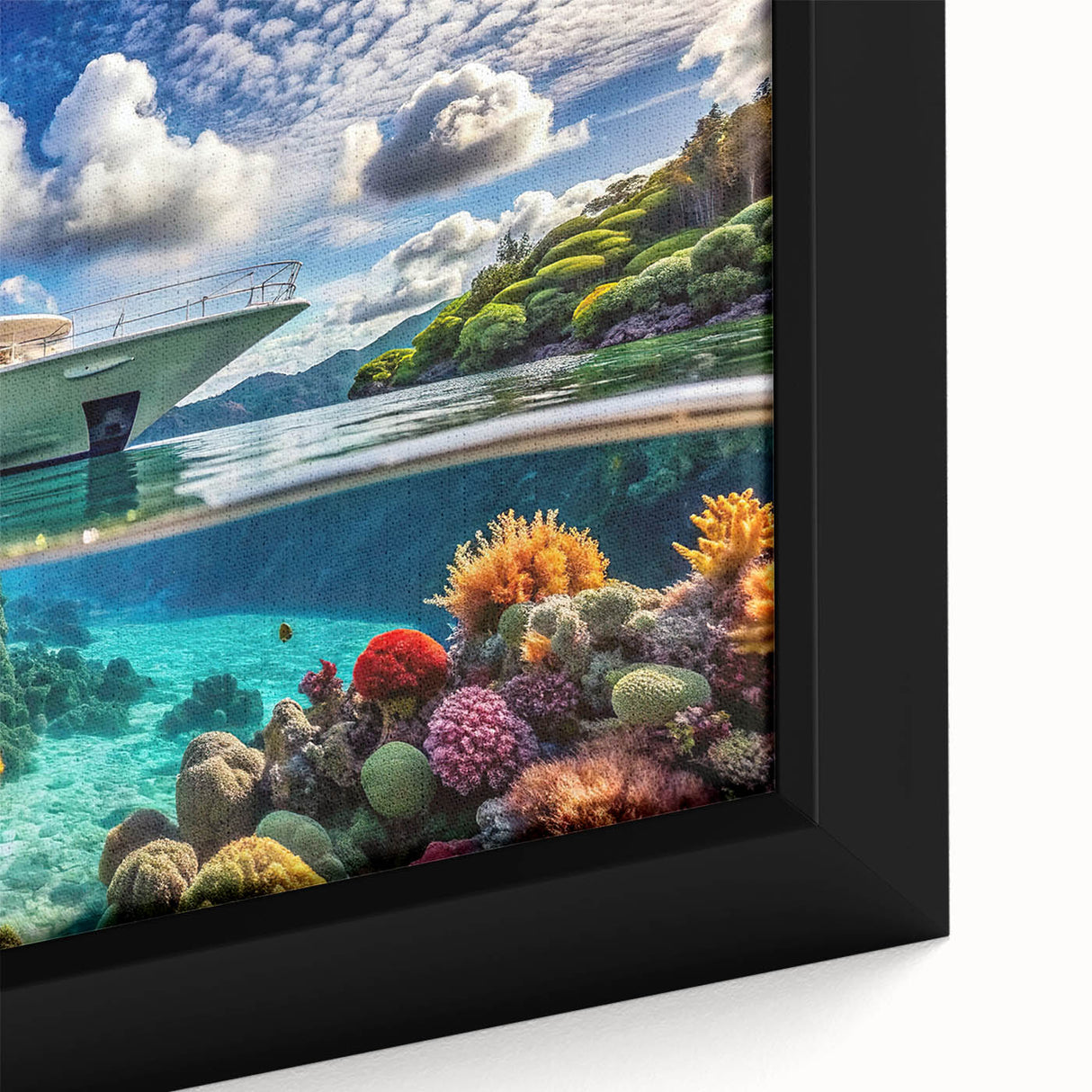 Framed canvas featuring a textured, colorful African Seychelles landscape, ideal for living room decor.