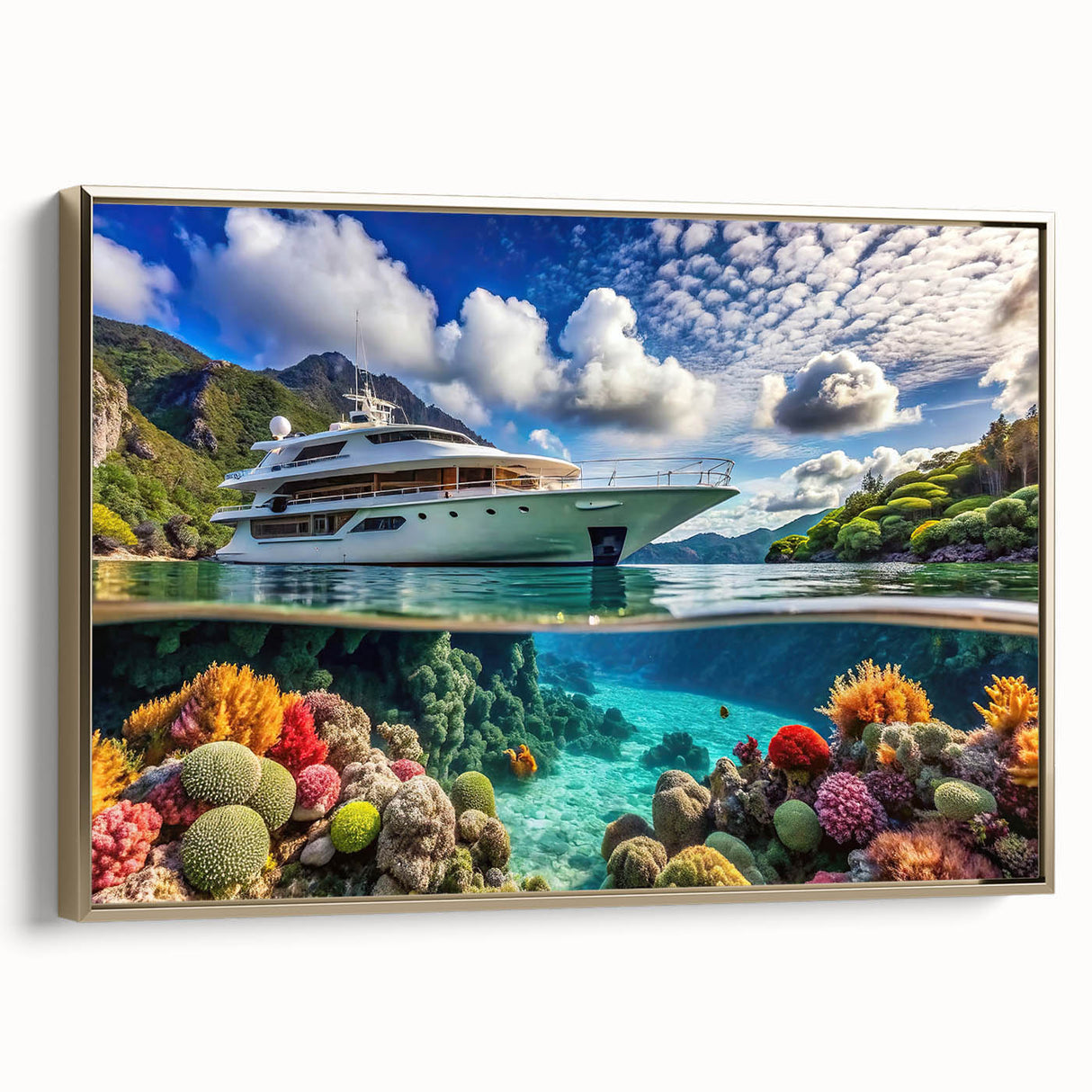 Framed canvas depicting a serene Seychelles landscape with lush greenery and calm blue waters, ideal for bedroom wall art.