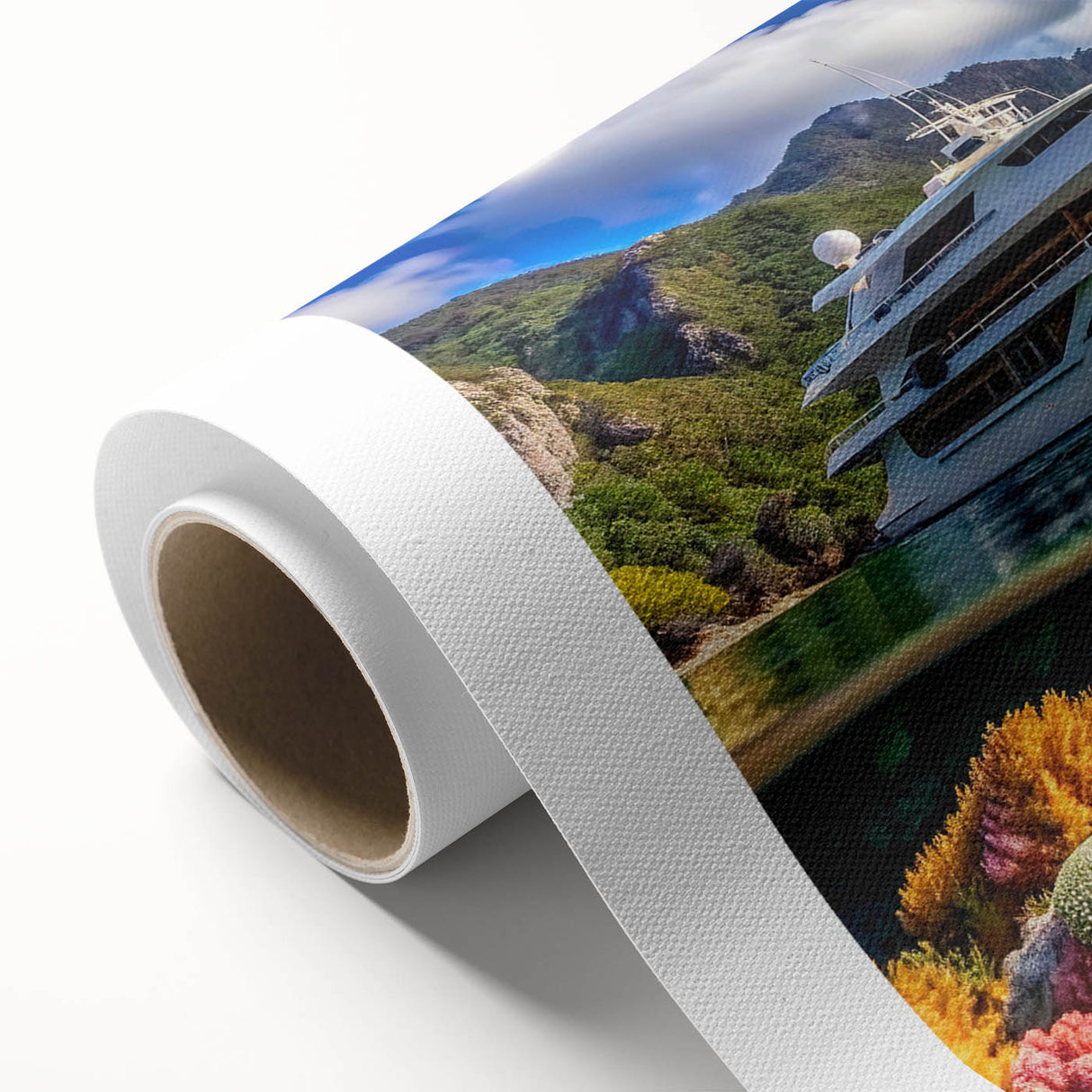 Art deco poster of Seychelles scenery on rolled canvas, featuring pastel colors, ideal for nursery wall art.