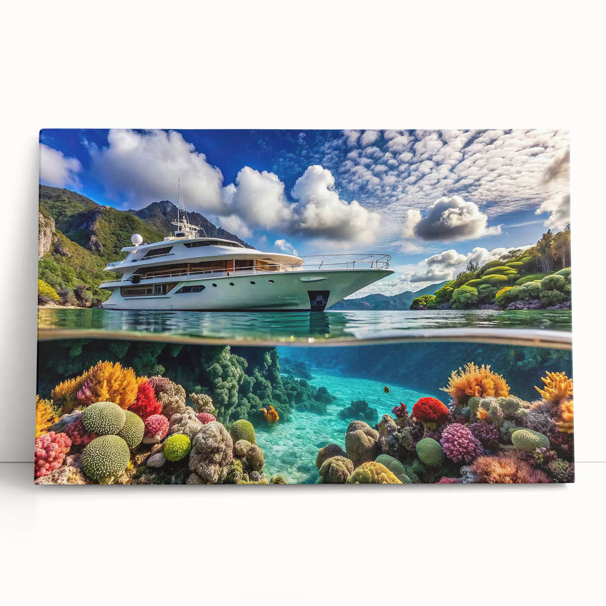 Large black and white photograph of Seychelles scenery on stretched canvas, suitable as kitchen wall art.