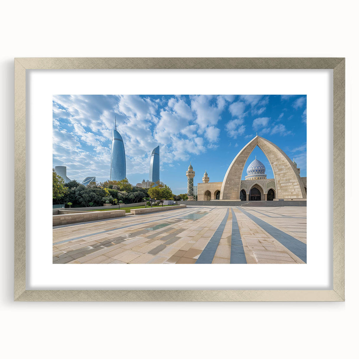 Textured abstract art print depicting a serene Asian landscape in muted earth tones, framed in silver, ideal for bedroom art.