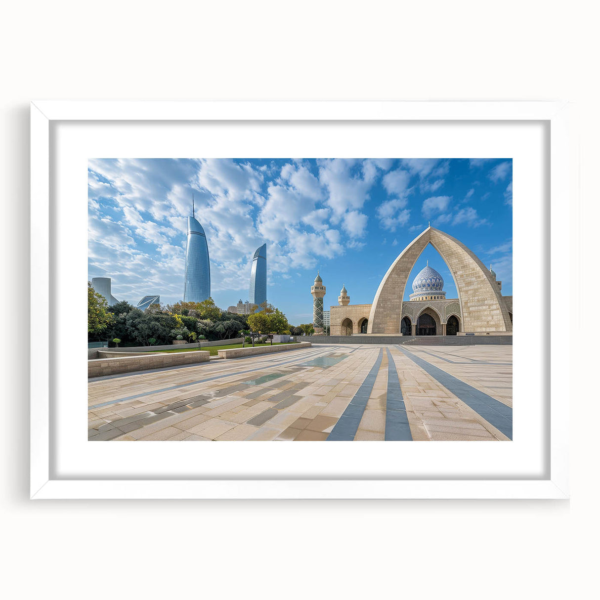 Abstract art print of Azerbaijan scenery in muted earth tones on a white framed canvas, suitable for dining room decor.