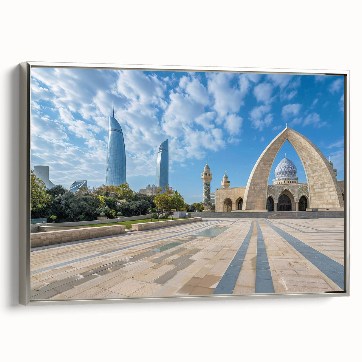 Framed canvas depicting a vintage-style landscape painting of Azerbaijan scenery with vibrant colors on a black background.