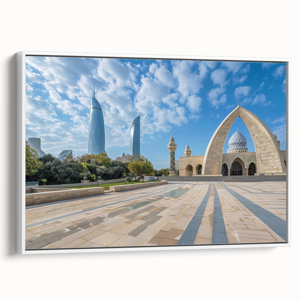 Vintage poster art of an Asian scenery in Azerbaijan, featuring colorful art on white framed canvas.