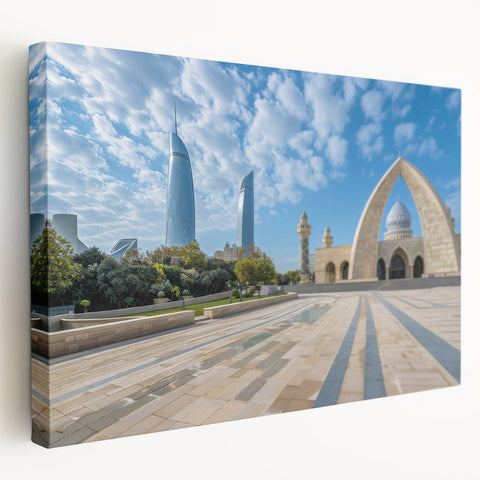 Large canvas art depicting a serene Azerbaijan landscape in soft earth tones, ideal for kitchen wall art.
