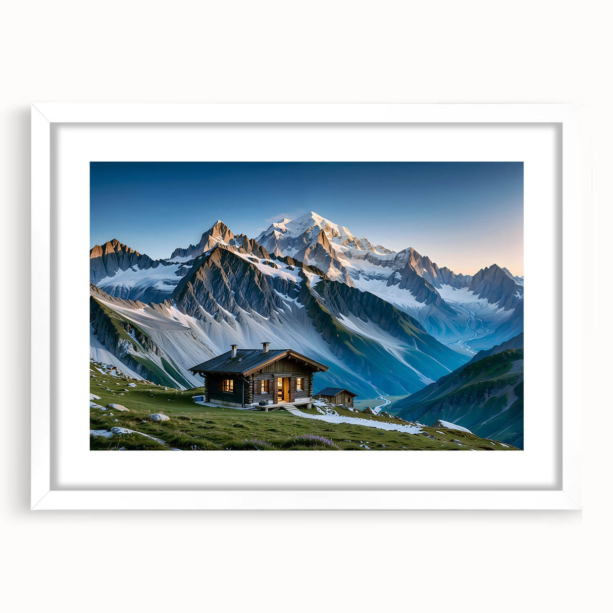 Abstract art print featuring a vibrant mix of blues and greens, framed in white, ideal for dining room or bedroom decor.