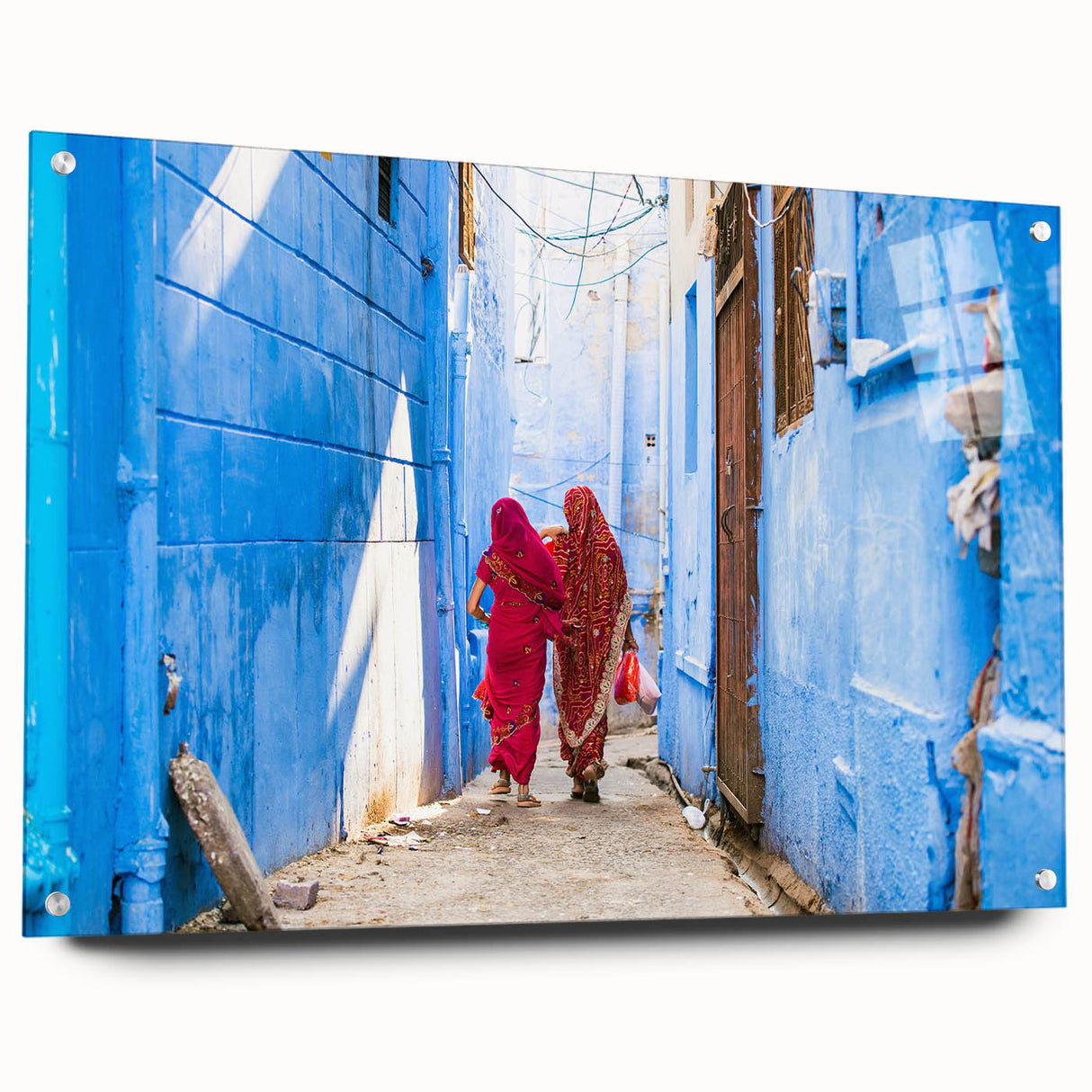 Large abstract wall art of an Indian landscape in vibrant colors on acrylic glass, suitable for bedroom or dining room decor.