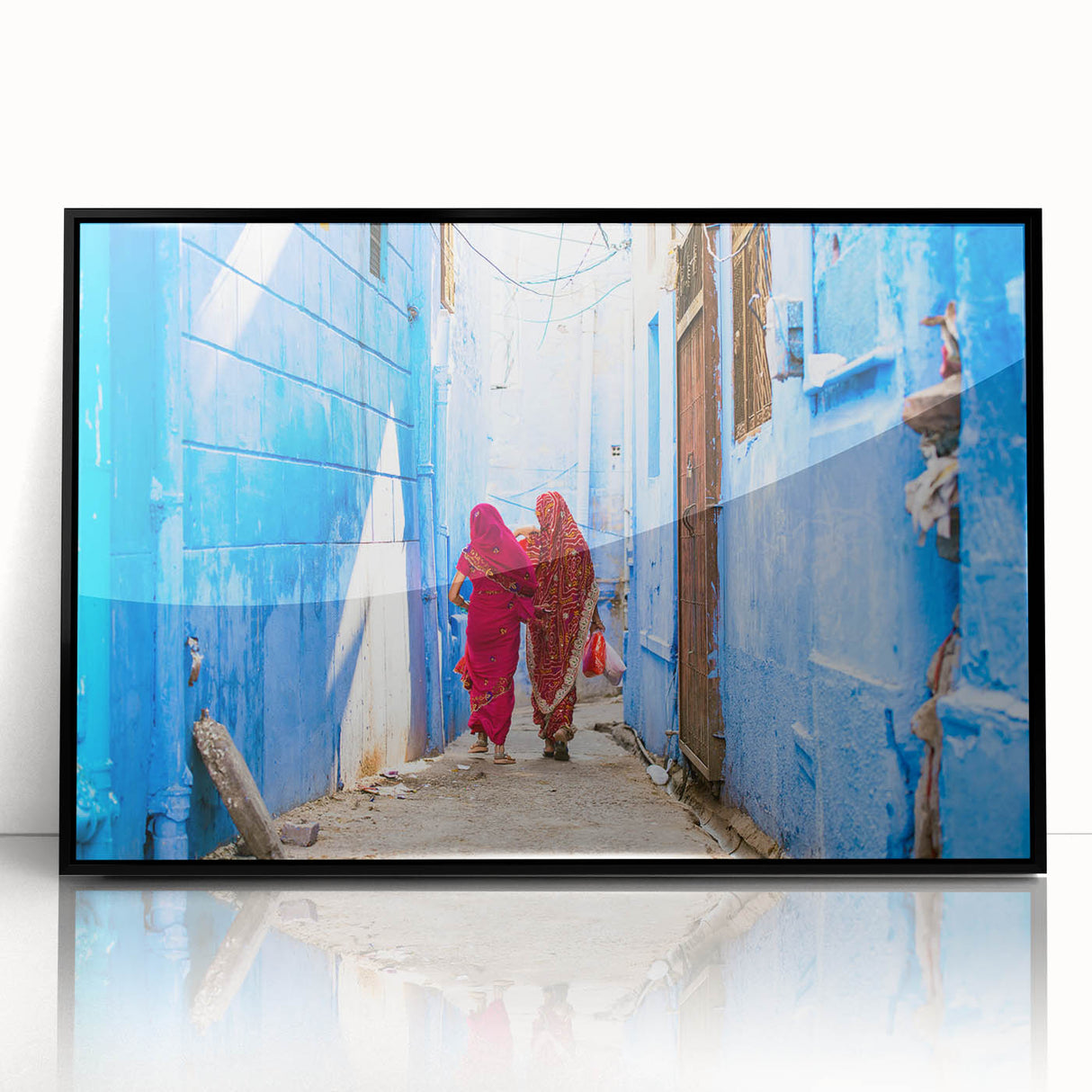 Large abstract wall art depicting a vibrant Indian landscape in acrylic, framed in black, suitable for modern art wall decor.