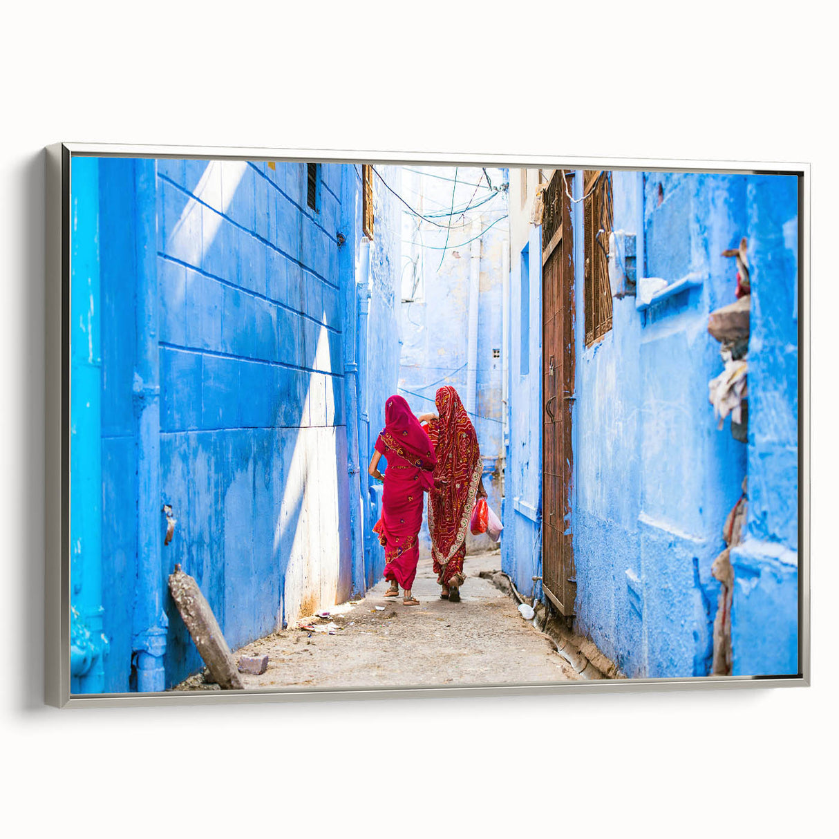 Landscape art painting of an Asian Indian scenery in vibrant colors on a framed canvas, ideal for living room decor.