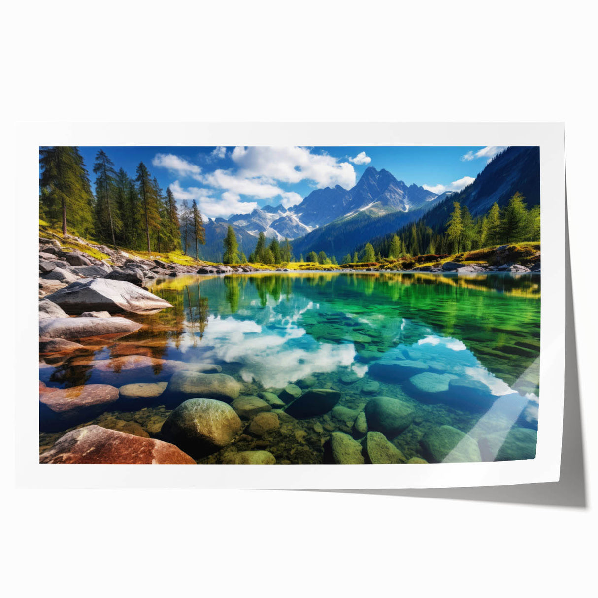 Extra large rolled print depicting Alberta's scenery with vibrant green and blue tones, suitable as art wall dining room.