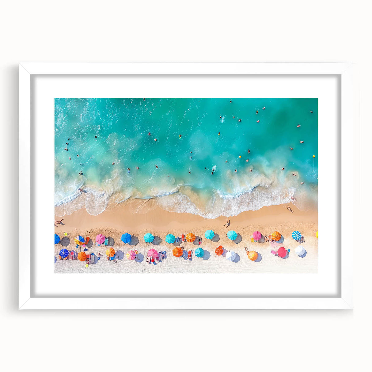 Abstract art print of Cancun scenery in pastel shades on a framed white mat, ideal for dining room decor.