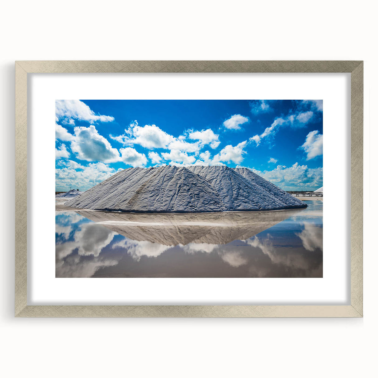 Extra large abstract art print of Yucatán scenery in vibrant colors on textured canvas, framed in silver.