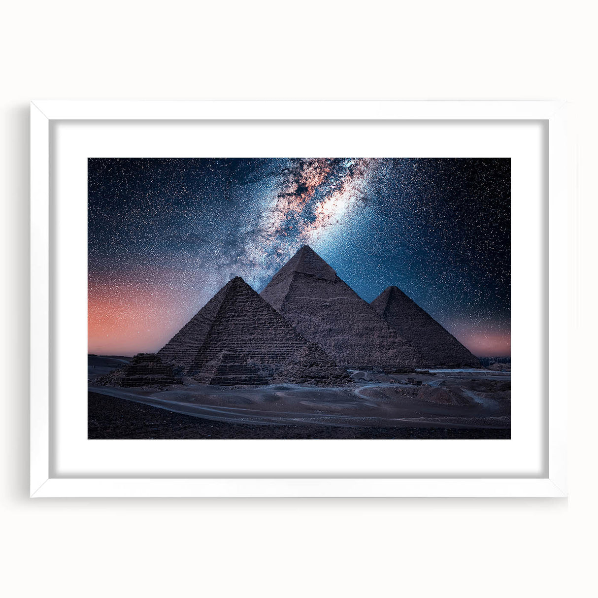 Extra large abstract art print featuring textured scenery of Egypt, in muted earth tones, framed with a white mat.