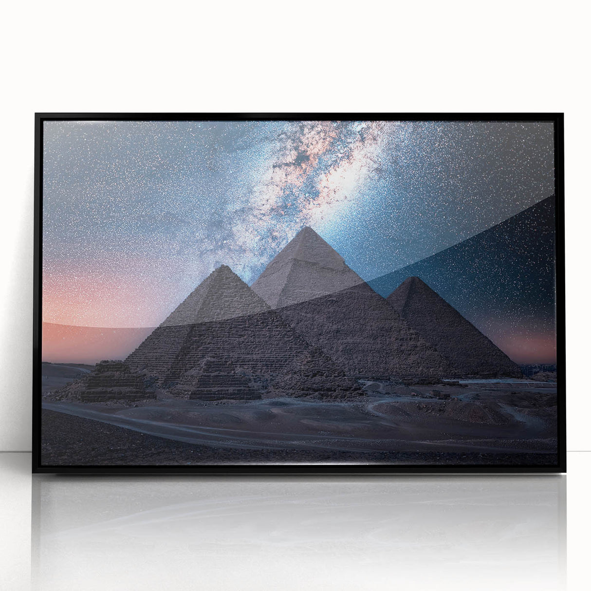 Large abstract wall art of an Egyptian landscape in muted earth tones on a framed acrylic.