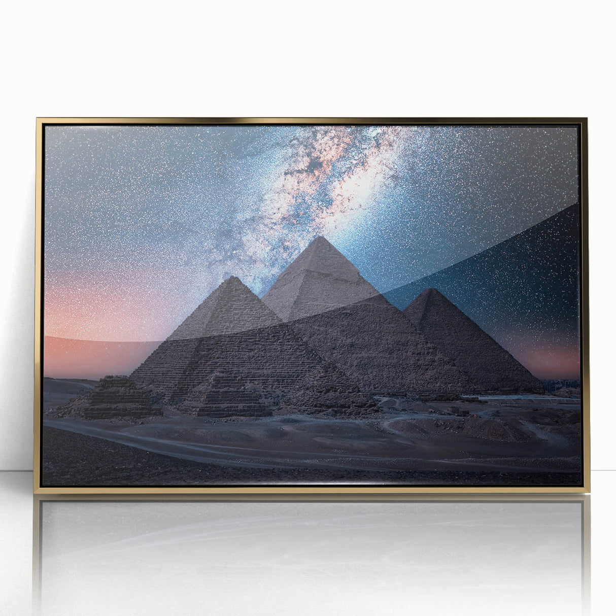 Mid-century modernist art depicting an Egyptian landscape in gold tones on a framed acrylic, suitable for nursery wall decor.