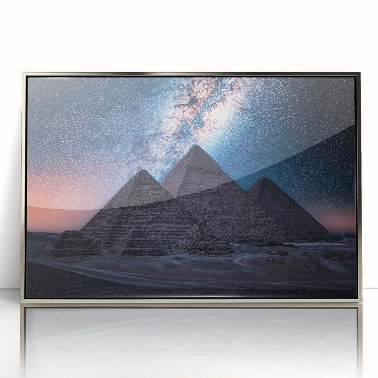 Framed acrylic print of an abstract Egyptian landscape in silver and blue tones, suitable for modern art wall decor.