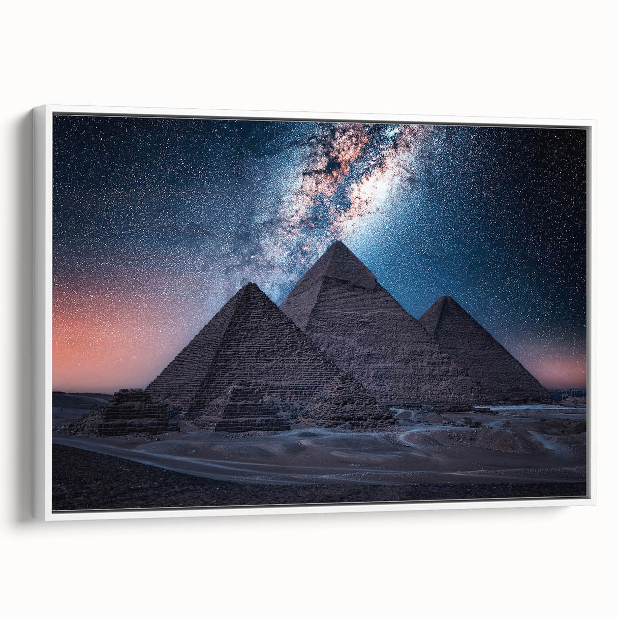 Framed canvas featuring a vintage-style landscape painting of the Egyptian desert in muted earth tones.