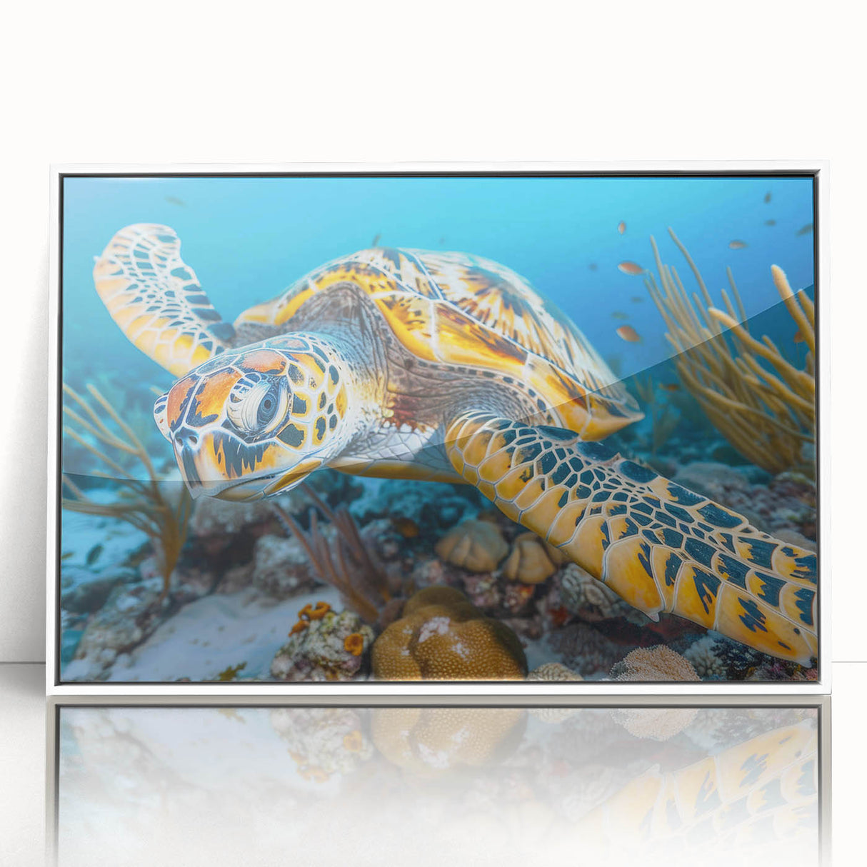 Acrylic print of a Seychelles scenery in art deco style with vibrant blue and green tones, ideal for modern art wall decor.