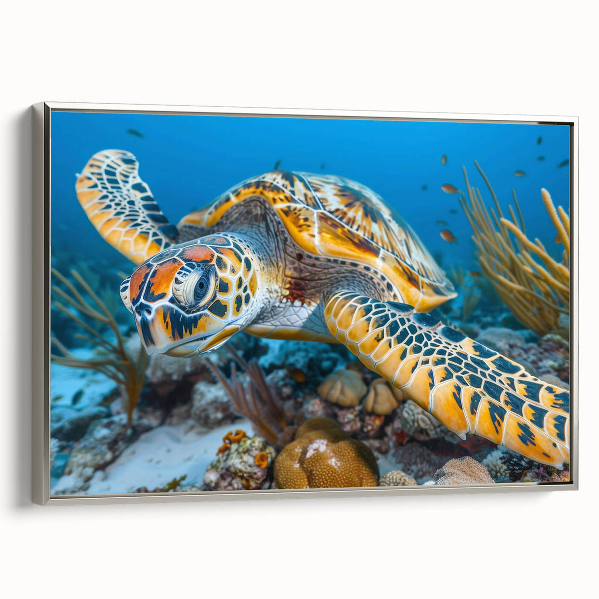 Framed canvas of a Seychelles landscape in vintage poster style, featuring vibrant colors on a black background.