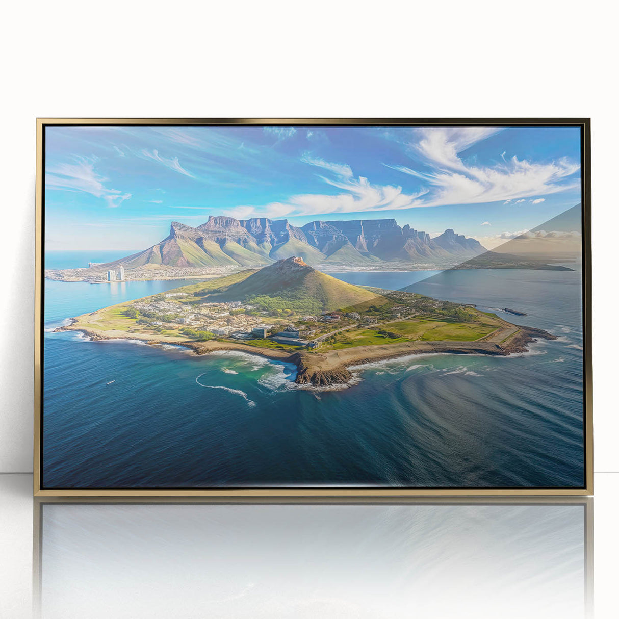 Art deco poster depicting a stylized South African landscape in gold and black tones, framed acrylic.