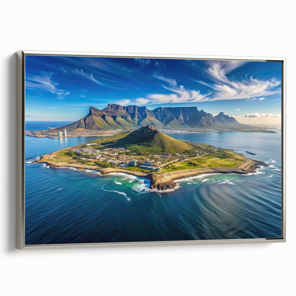 Framed canvas of a vibrant African landscape painting, featuring rich, colorful art with a vintage poster style.