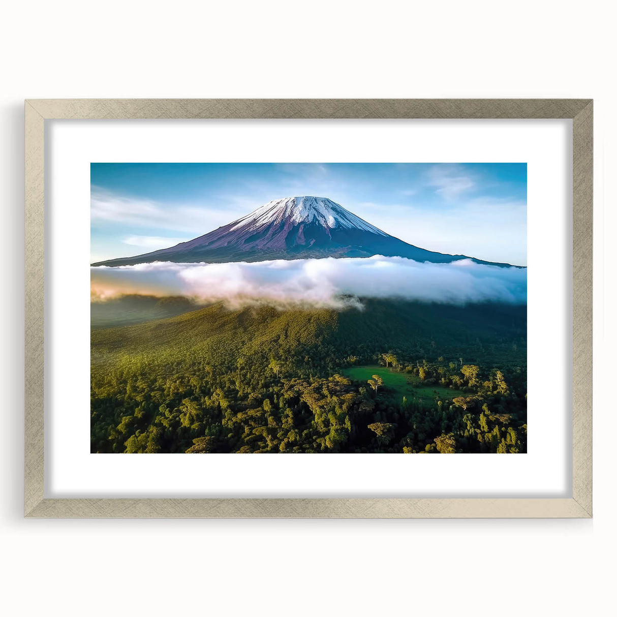 Extra large abstract art print of Tanzanian scenery in muted earth tones on a textured canvas, framed in silver.