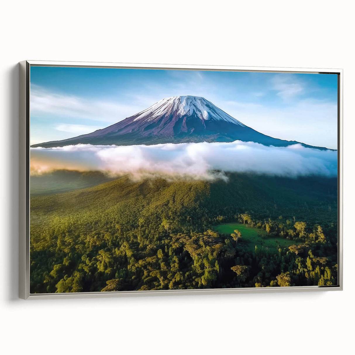 Framed canvas featuring a Tanzanian landscape with colorful art in vintage poster style, ideal for enhancing a living room.