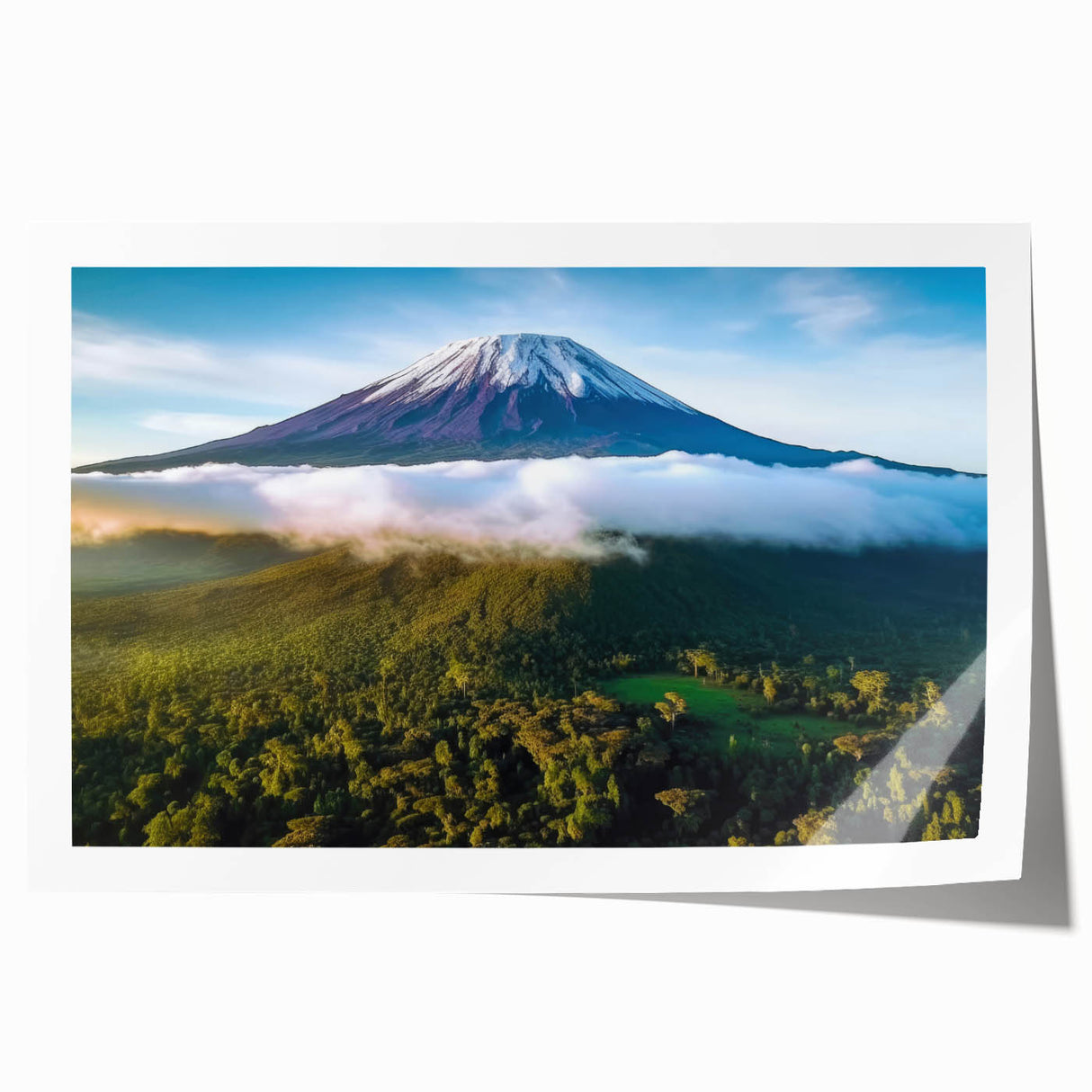 Extra large rolled print depicting a Tanzanian landscape with vibrant greens and earth tones, suitable for dining room decor.