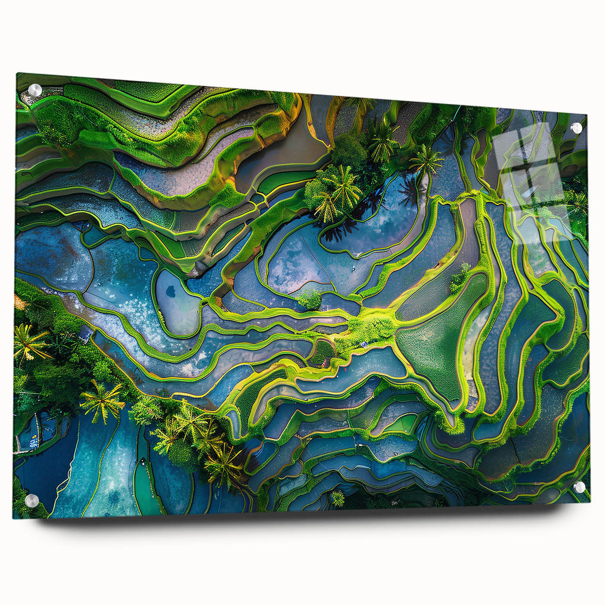 Large abstract wall art of an Indonesian landscape in vibrant greens and blues on acrylic glass.