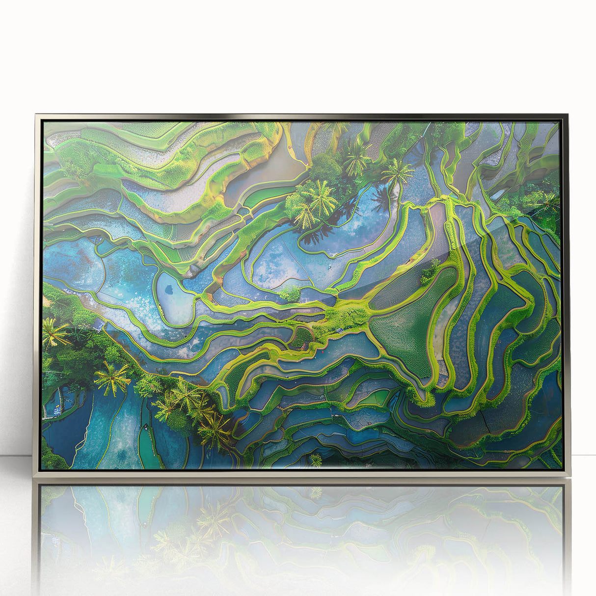 Mid-century modernist art depicting an Indonesian landscape in muted earth tones, silver-framed acrylic.