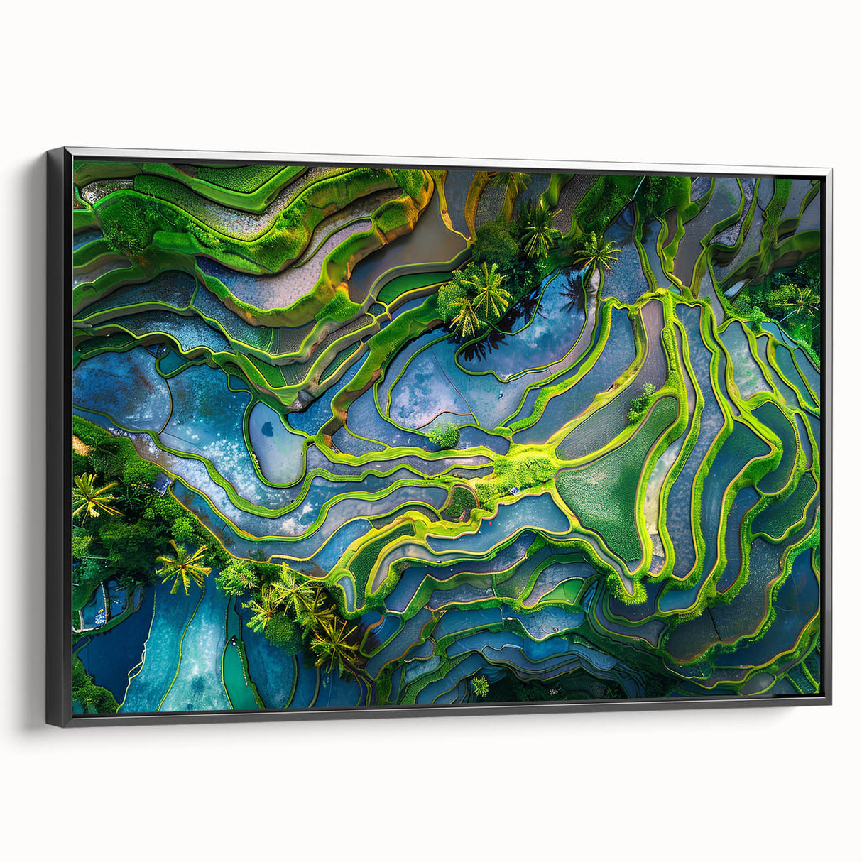 Black and white landscape art painting of Indonesian scenery on framed canvas, suitable for bedroom wall decor.