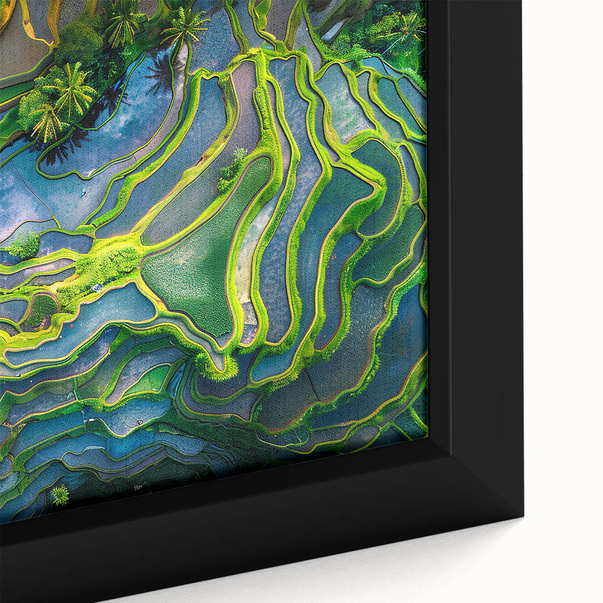 Extra large framed canvas depicting a textured, colorful Asian scenery in black, ideal for living room decor.