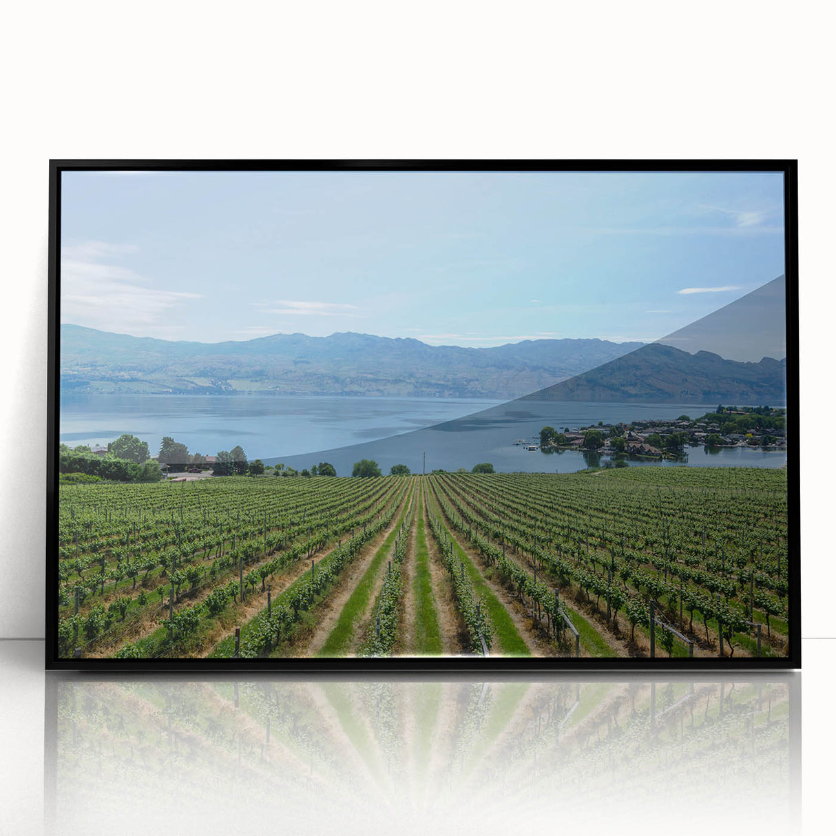 Large abstract wall art depicting the British Columbia scenery in muted earth tones, framed in black acrylic.