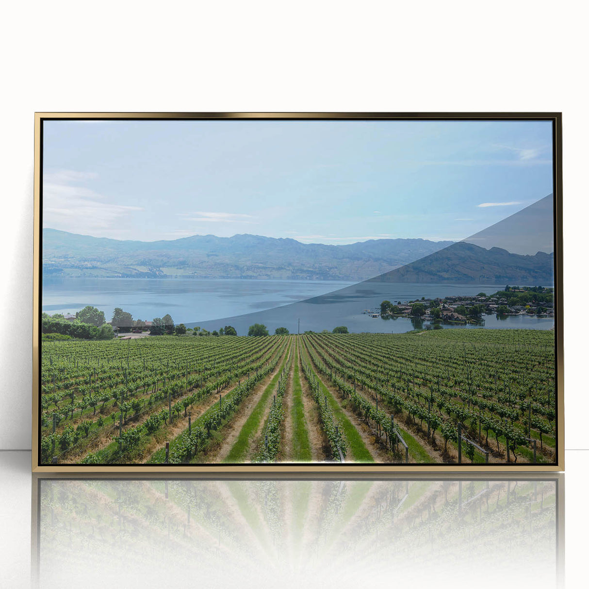 Large art print of a British Columbia landscape in mid-century modernist style, framed in gold acrylic.