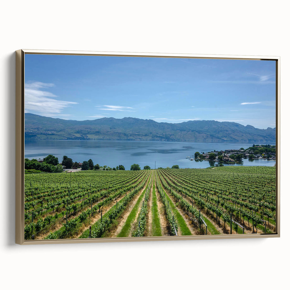 Framed canvas wall art depicting a serene British Columbia landscape in muted earth tones, ideal for bedroom decor.