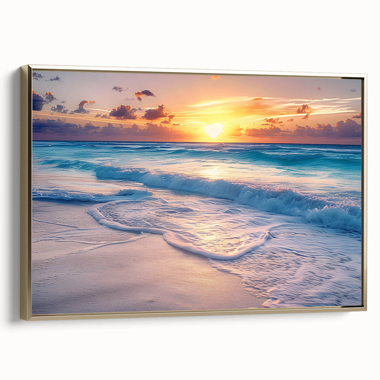 Framed canvas featuring a vintage-style landscape painting of Cancun with a black and gold color scheme.