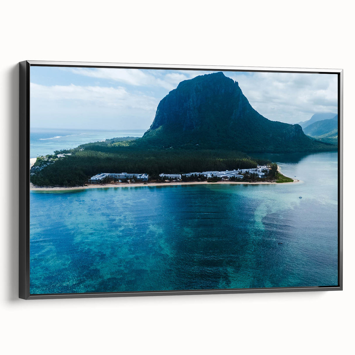 Black and white landscape art painting of Mauritius on framed canvas, ideal for bedroom wall decor.