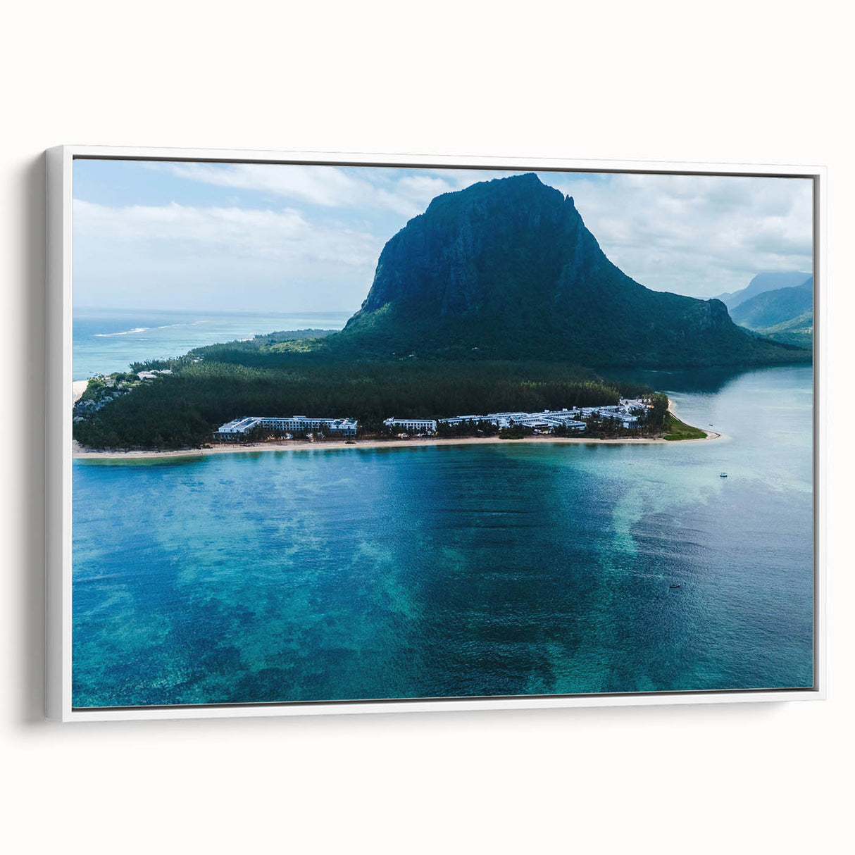 Framed canvas depicting a serene Mauritius landscape in muted earth tones, ideal for bedroom wall art.