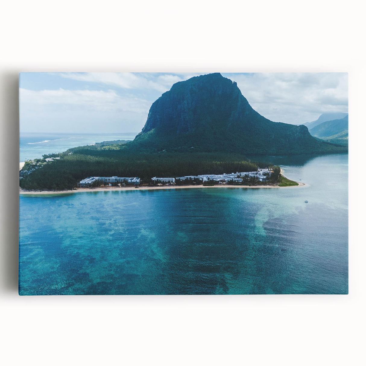 Black and white stretched canvas featuring a serene Mauritius landscape, ideal for kitchen wall art.