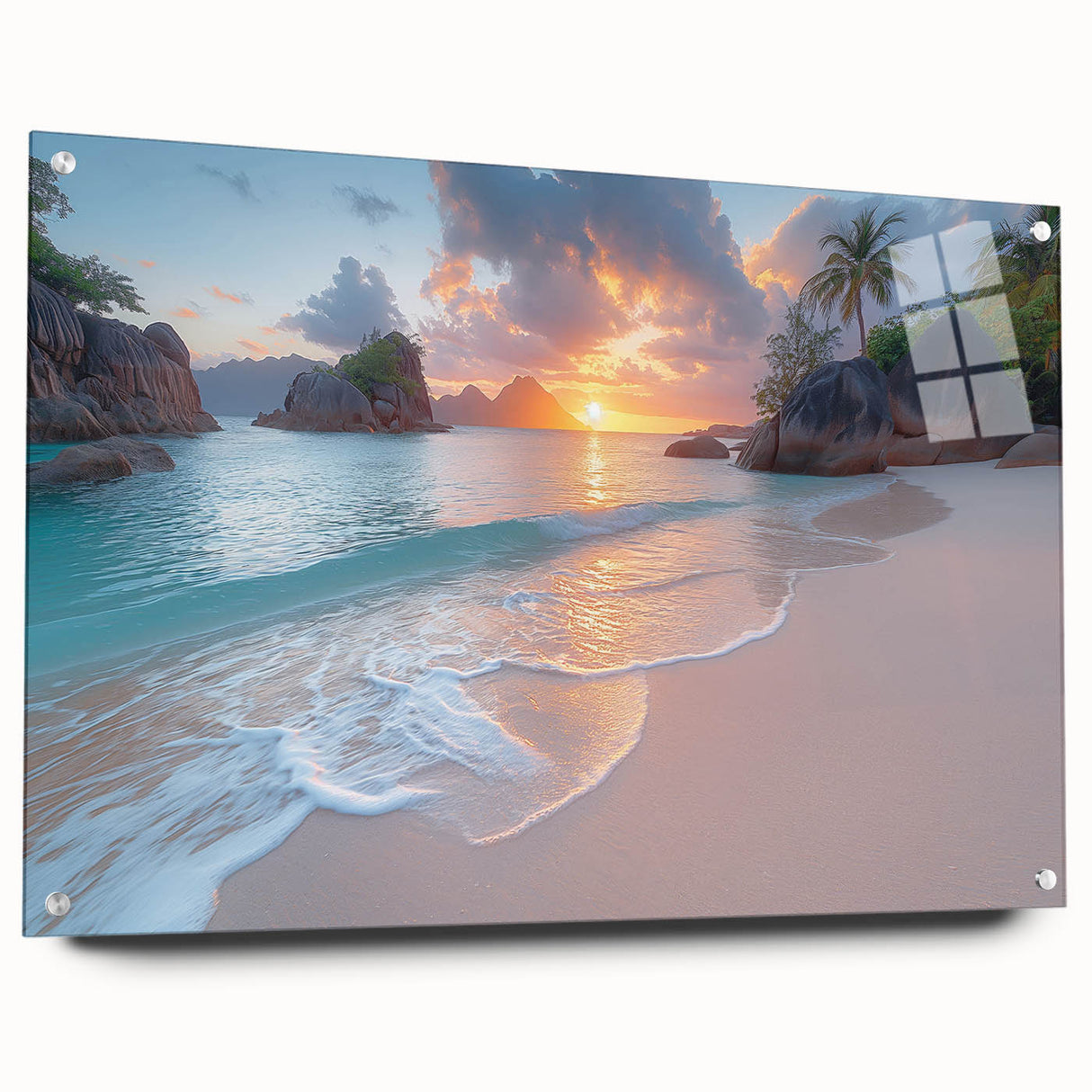 Acrylic glass print of a Seychelles scenery in vibrant blue and green tones, suitable for bedroom or dining room decor.