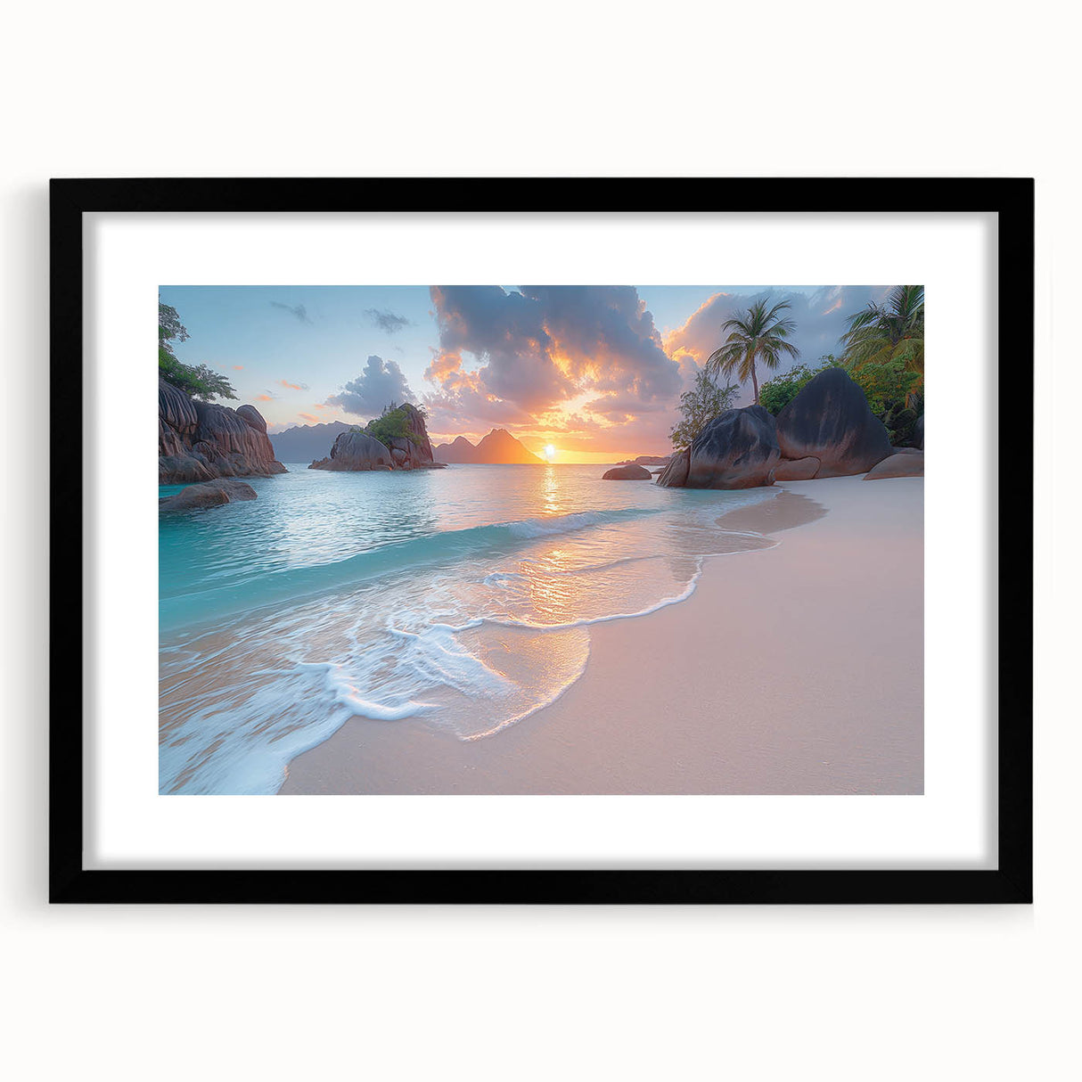 Extra large colorful abstract art print of Seychelles scenery on textured canvas, framed with a black mat.