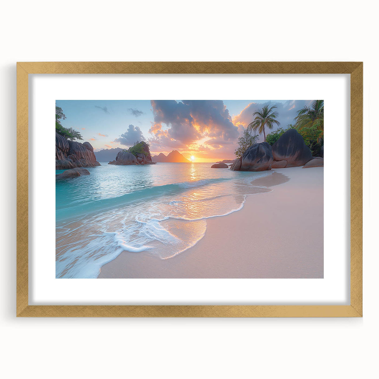 Extra large abstract art print depicting a textured African scenery in warm earth tones, framed in gold.