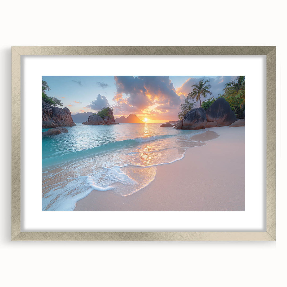 Textured abstract art print of a Seychelles scenery in silver frame, ideal for bedroom wall art.